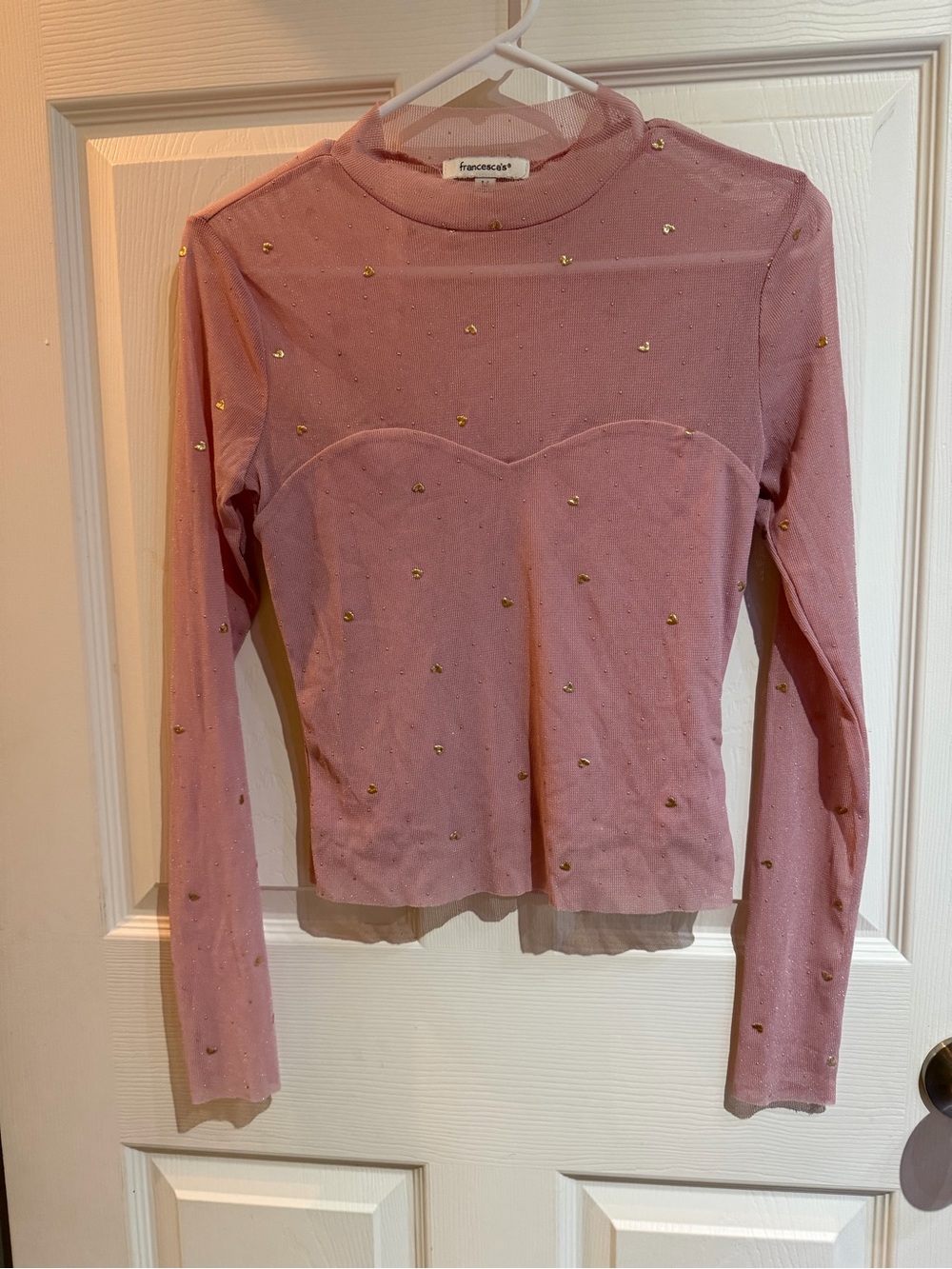 Francesca's Collections Pink Long-Sleeve Mesh Top with Gold Studs